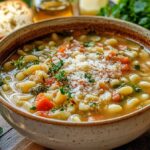 Finished ditalini pasta soup with vegetables, beans, and herbs served in a bowl outdoors