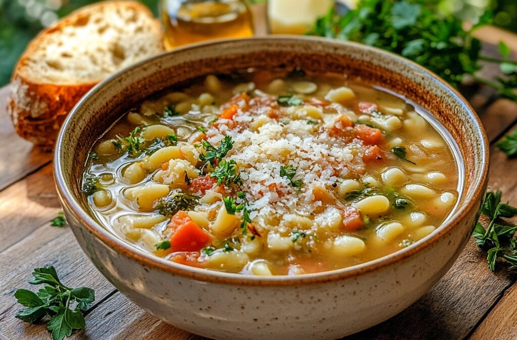 Finished ditalini pasta soup with vegetables, beans, and herbs served in a bowl outdoors