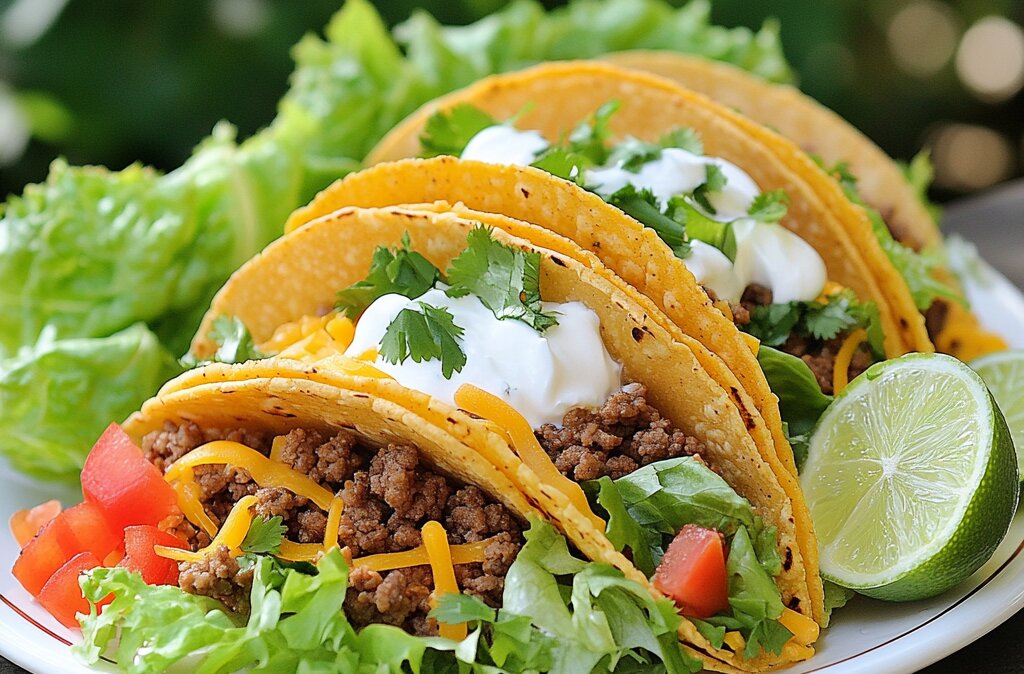 "Finished taco meat dish served in soft tortillas with fresh toppings and lime wedges on an outdoor table."