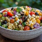 Prepared Mediterranean Ditalini pasta salad with fresh vegetables, olives, and feta cheese in a rustic bowl