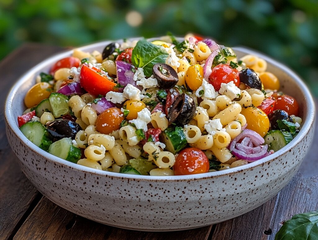 Prepared Mediterranean Ditalini pasta salad with fresh vegetables, olives, and feta cheese in a rustic bowl