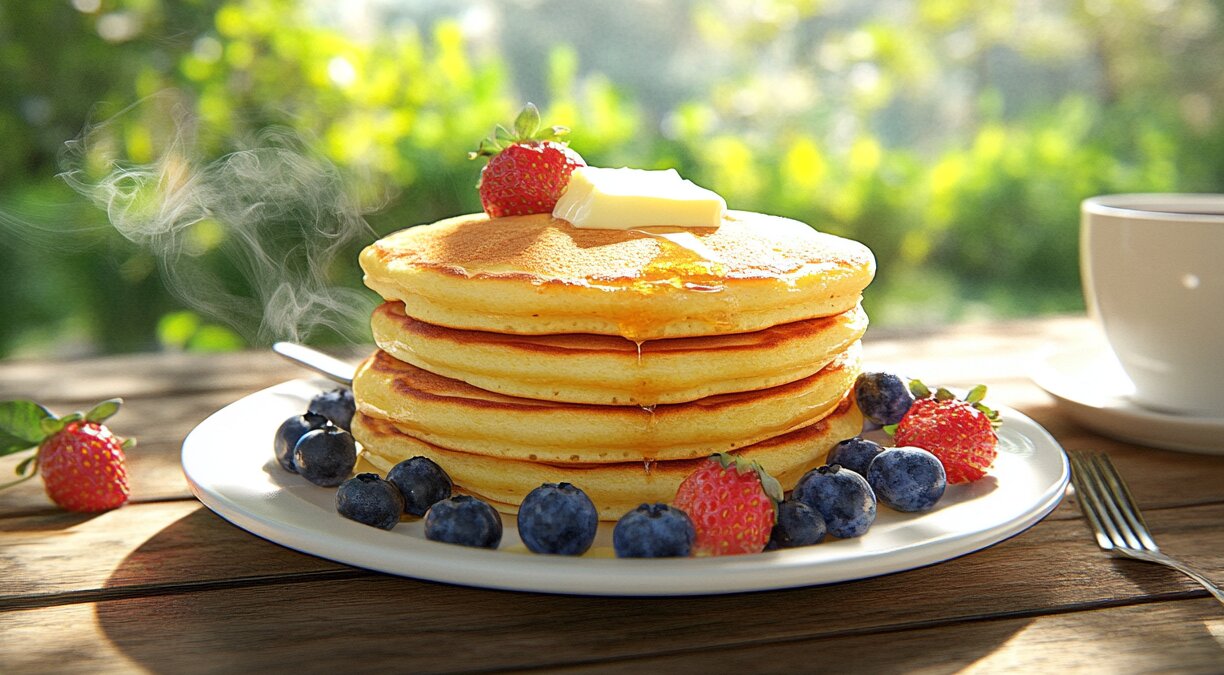 "Golden-brown hotcakes with butter and syrup, garnished with fresh fruit, served outdoors."