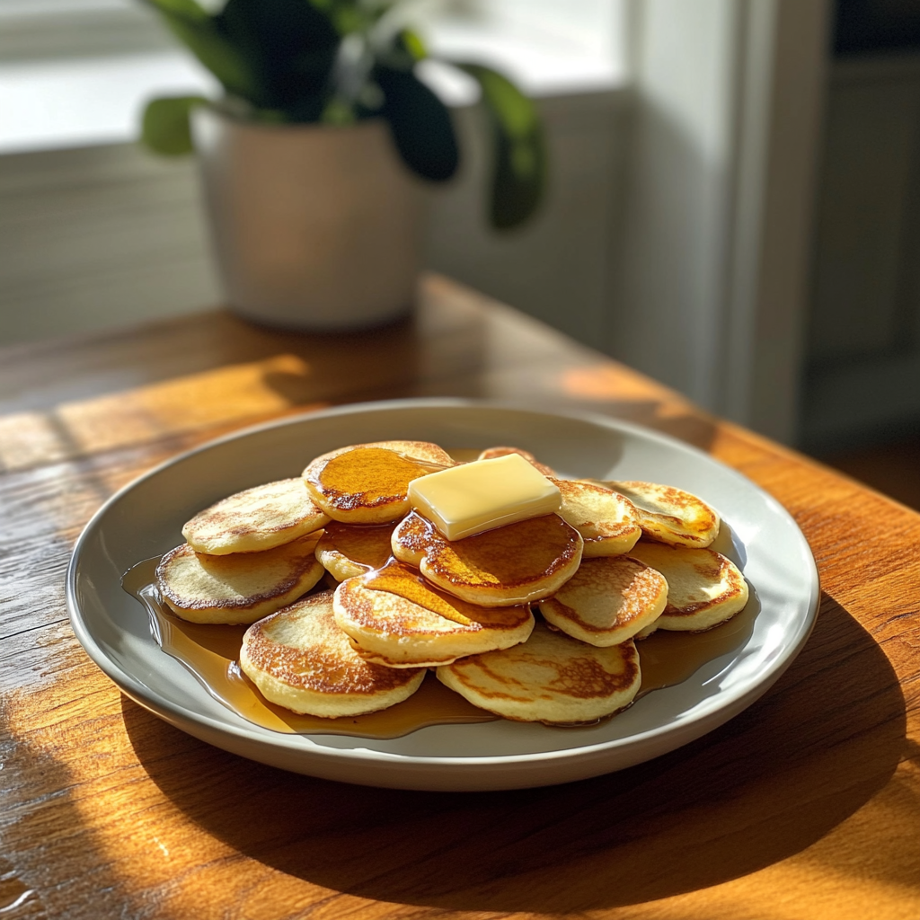 Golden mini pancakes stacked with syrup in a cozy kitchen