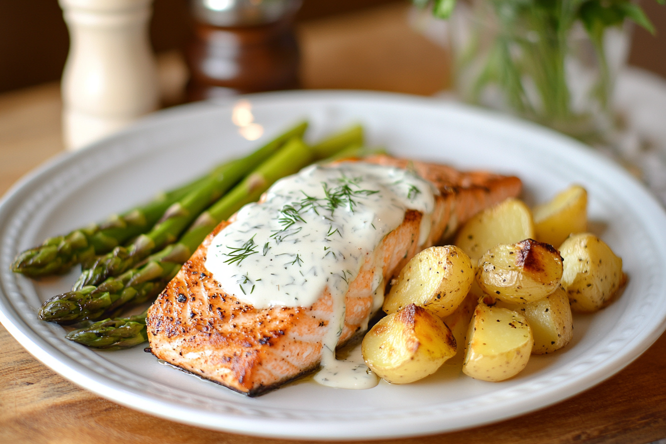 Grilled salmon with lemon dill cream sauce and roasted potatoes on a white plate in a rustic kitchen