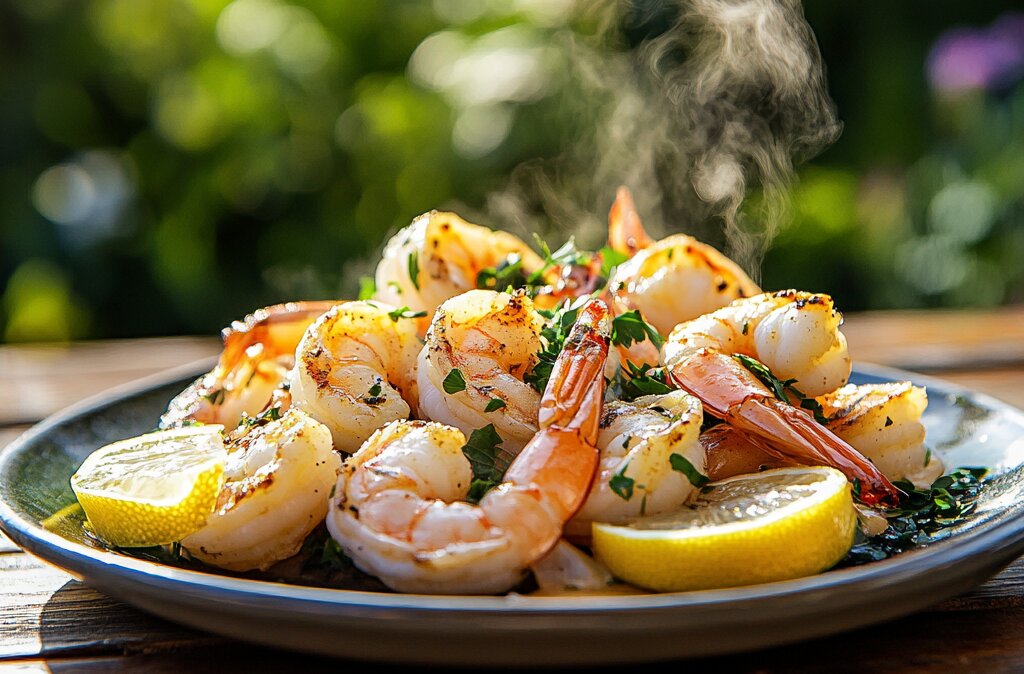 Cooked shrimp served with garlic butter sauce, garnished with lemon slices and parsley.