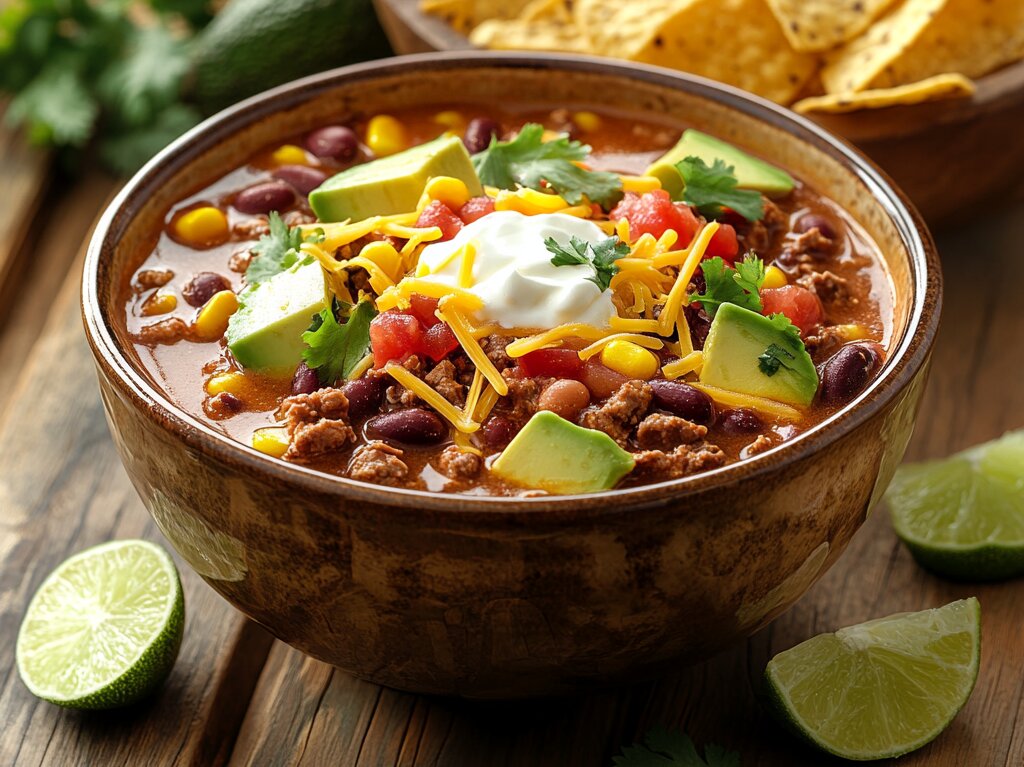 A bowl of hearty taco soup with beans, meat, and toppings like cheese and avocado, served outdoors.

