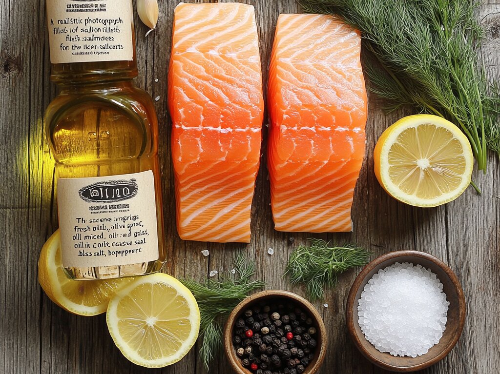 Ingredients for the most flavorful ways to cook salmon, including fresh salmon fillets, lemon, dill, garlic, olive oil, and spices.