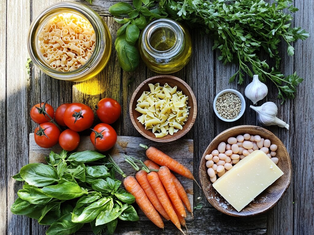 Ingredients for ditalini pasta substitutes including small pasta, fresh vegetables, olive oil, Parmesan cheese, and herbs