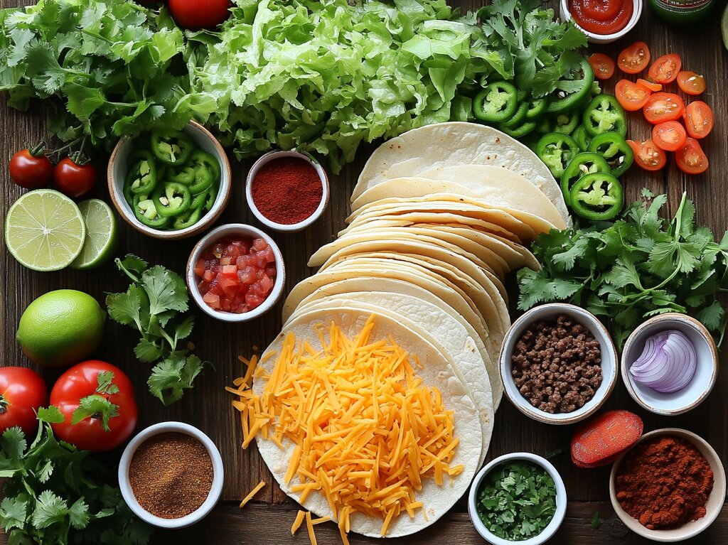 Ingredients for leftover taco meat recipe including ground beef, spices, vegetables, and tortillas on a rustic table