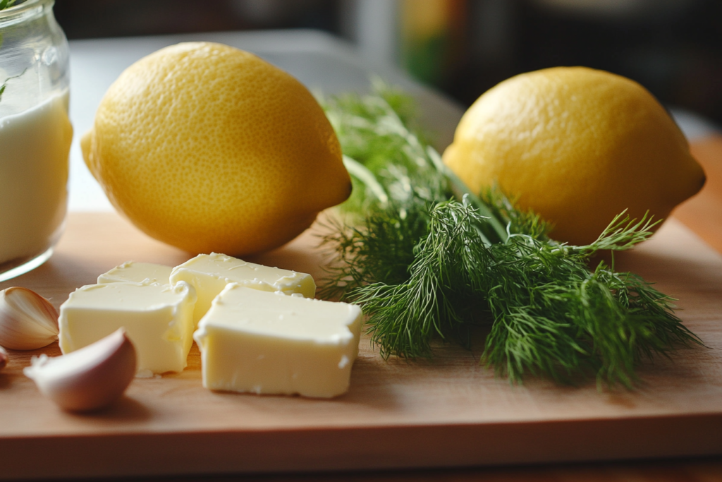 ngredients for lemon dill cream sauce, including dill, lemon, sour cream, butter, garlic, and olive oil on a wooden countertop