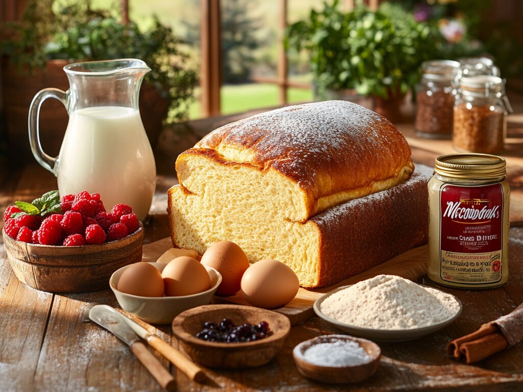 Ingredients for McCormick French Toast Recipe arranged on a wooden table.