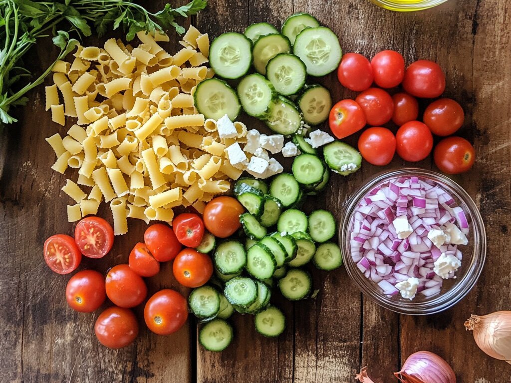 Ingredients for Mediterranean Ditalini pasta salad including Ditalini pasta, cherry tomatoes, cucumbers, olives, feta, and olive oil