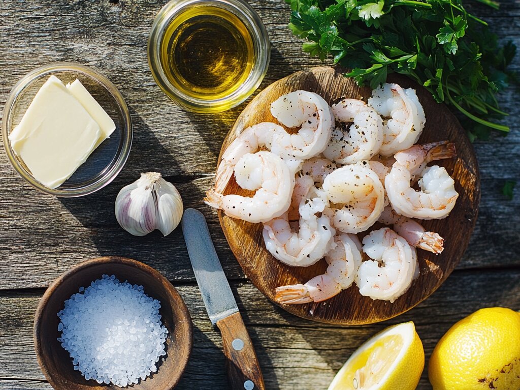 Ingredients for making moist shrimp, including raw shrimp, olive oil, garlic, lemon, parsley, butter, and spices.