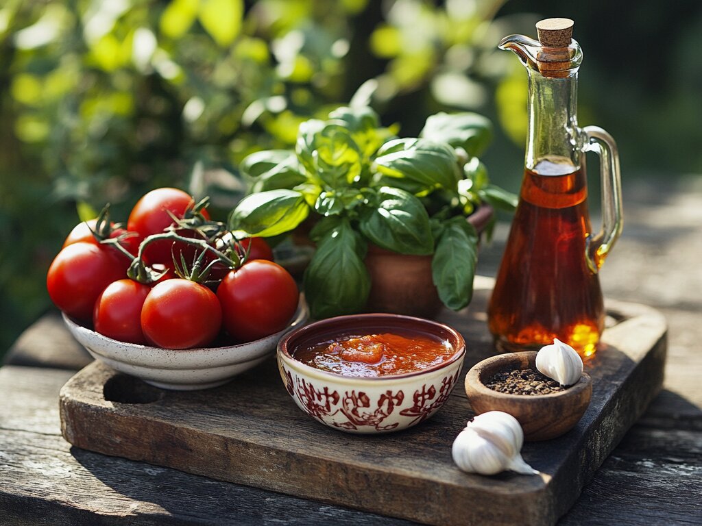 Ingredients for sweet pizza sauce including tomatoes, honey, basil, garlic, and balsamic vinegar on a rustic table