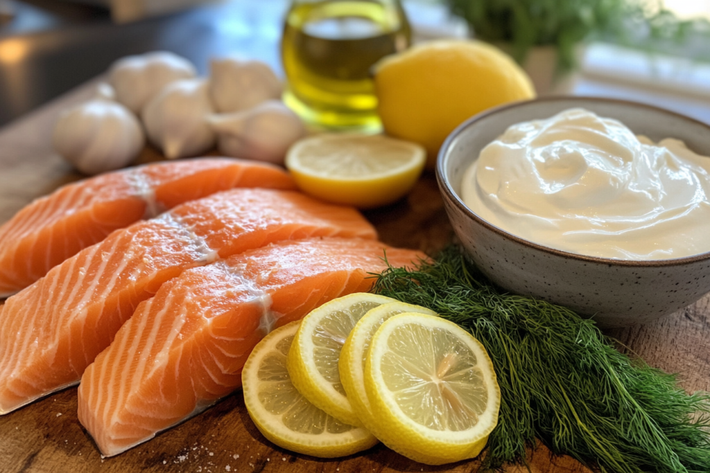 Fresh ingredients for a salmon recipe, including salmon fillets, lemon slices, dill, garlic, olive oil, and yogurt