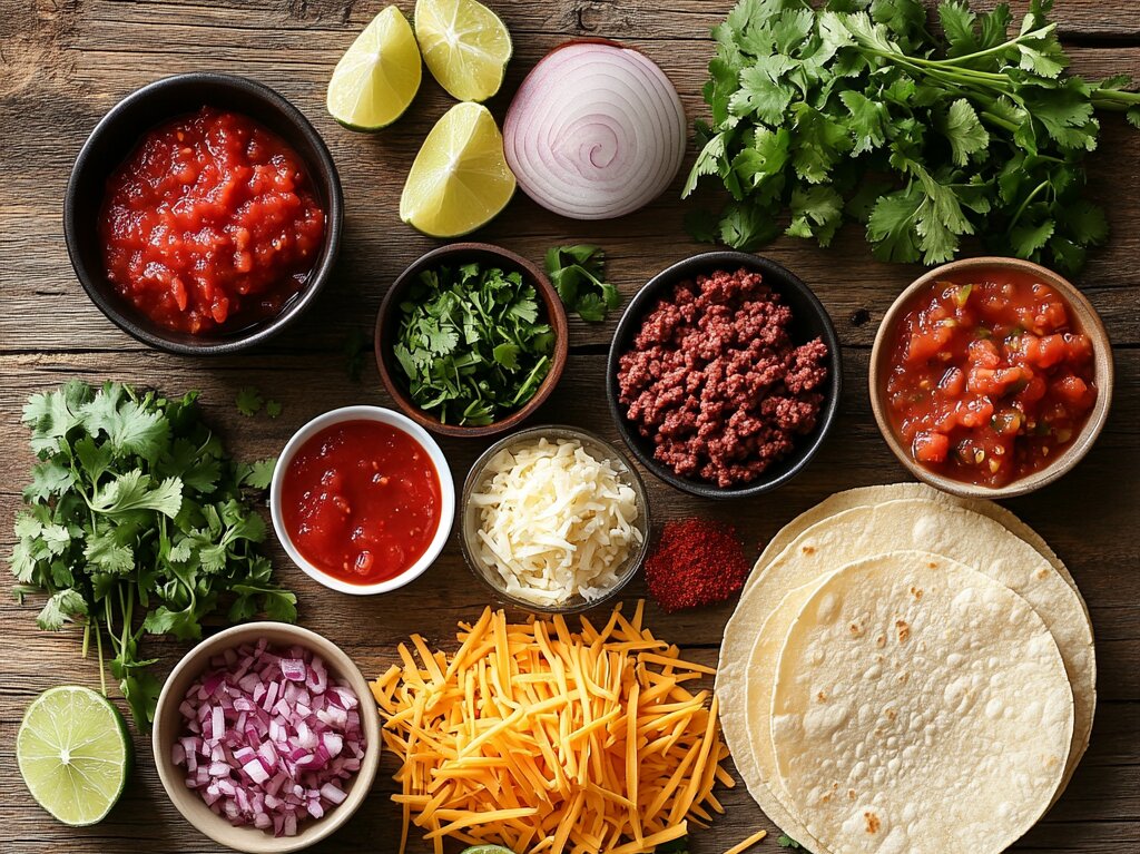 Plated tacos filled with reheated taco meat, cheese, and toppings on a picnic table with a natural outdoor background.