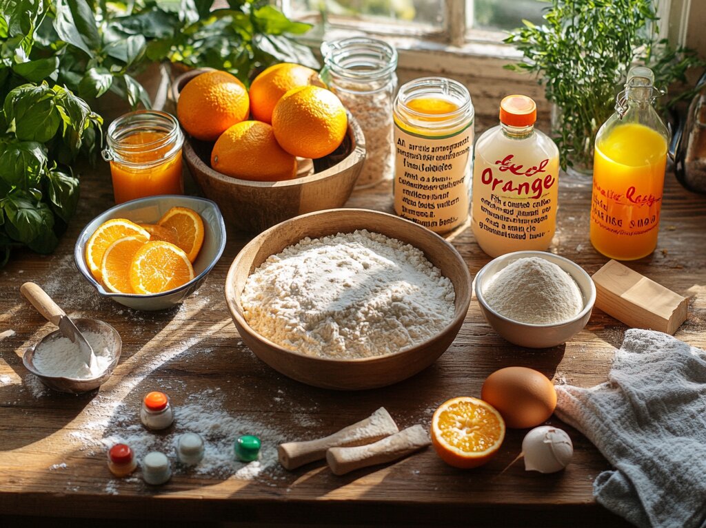 "Ingredients for Orange Fish Cookies Recipe arranged on a rustic kitchen counter with natural sunlight."