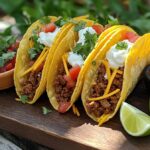 Plated tacos filled with reheated taco meat, cheese, and toppings on a picnic table with a natural outdoor background.