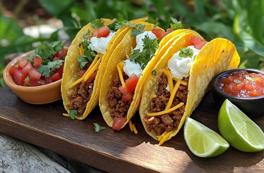 Plated tacos filled with reheated taco meat, cheese, and toppings on a picnic table with a natural outdoor background.