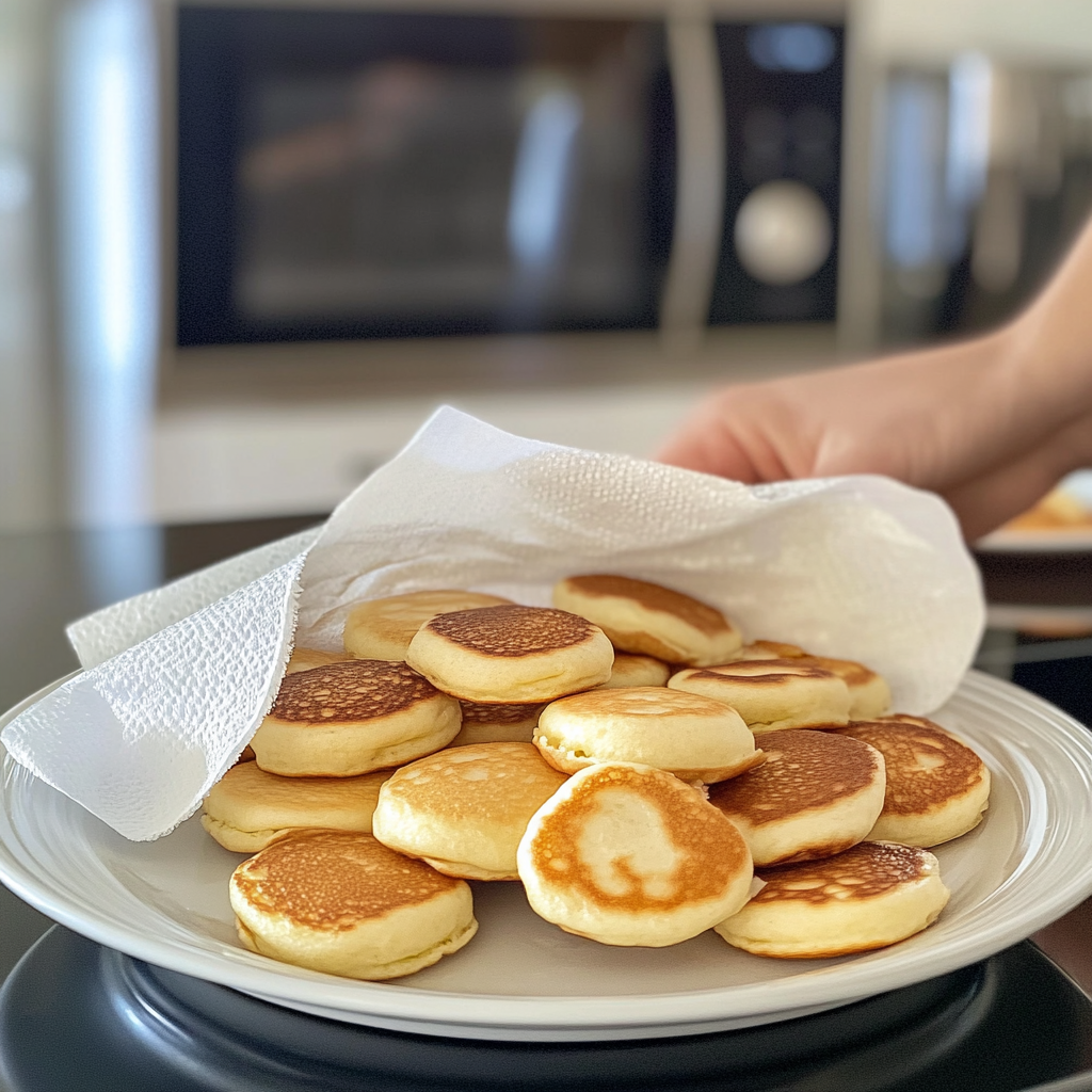 Preparing mini pancakes for the microwave with a damp paper towel.