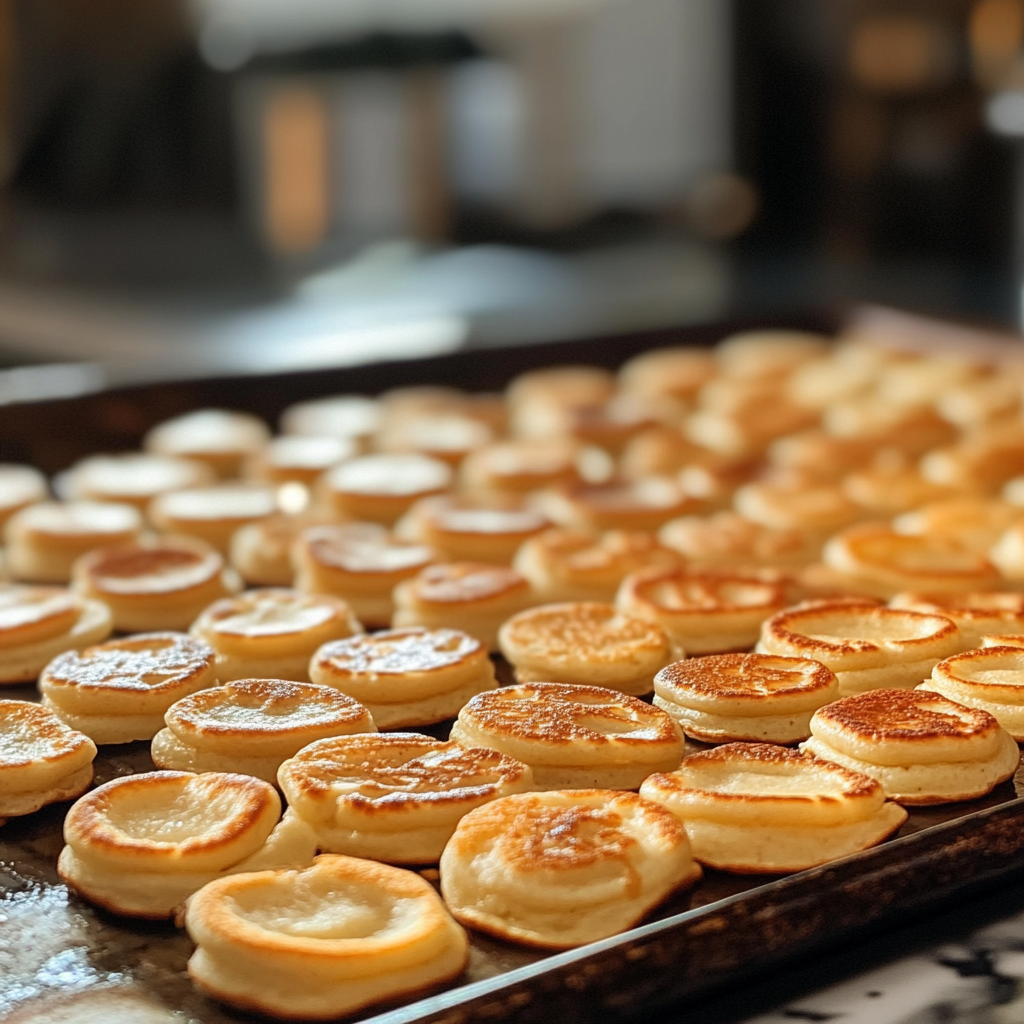 Mini pancakes on a baking sheet ready for the oven.