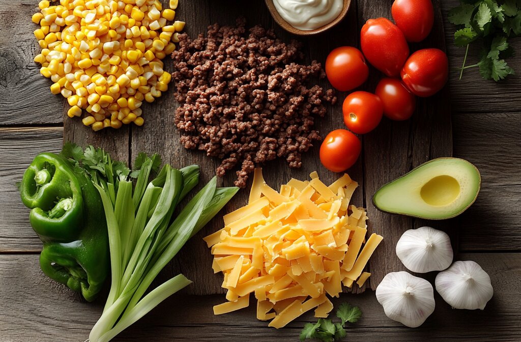 Ingredients of taco soup laid out on a rustic table, including beans, corn, tomatoes, taco seasoning, and garnishes.