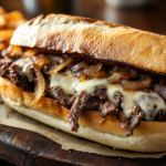 Authentic Philly cheesesteak with ribeye steak, melted cheese, and onions on a fresh roll.