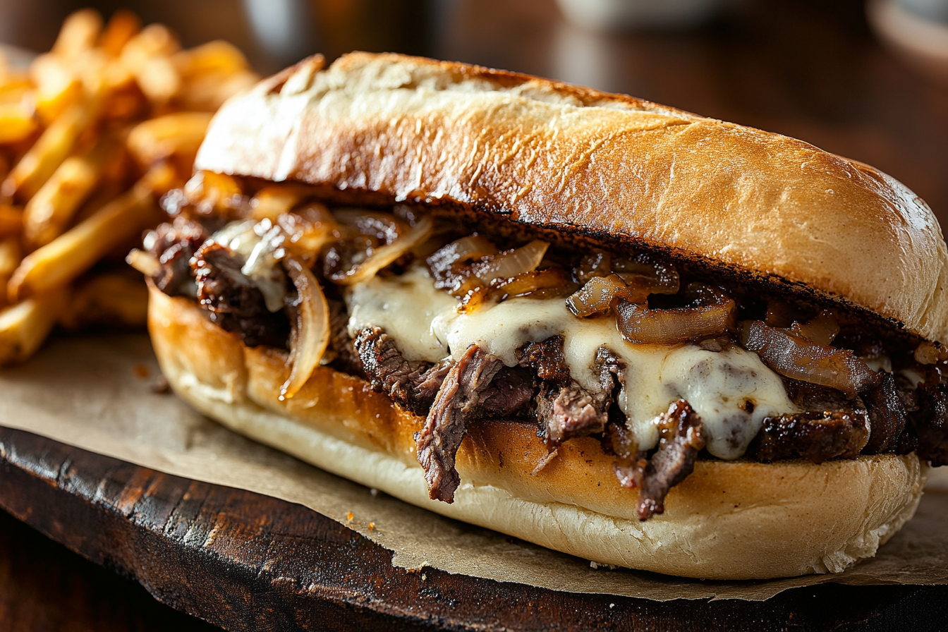 Authentic Philly cheesesteak with ribeye steak, melted cheese, and onions on a fresh roll.