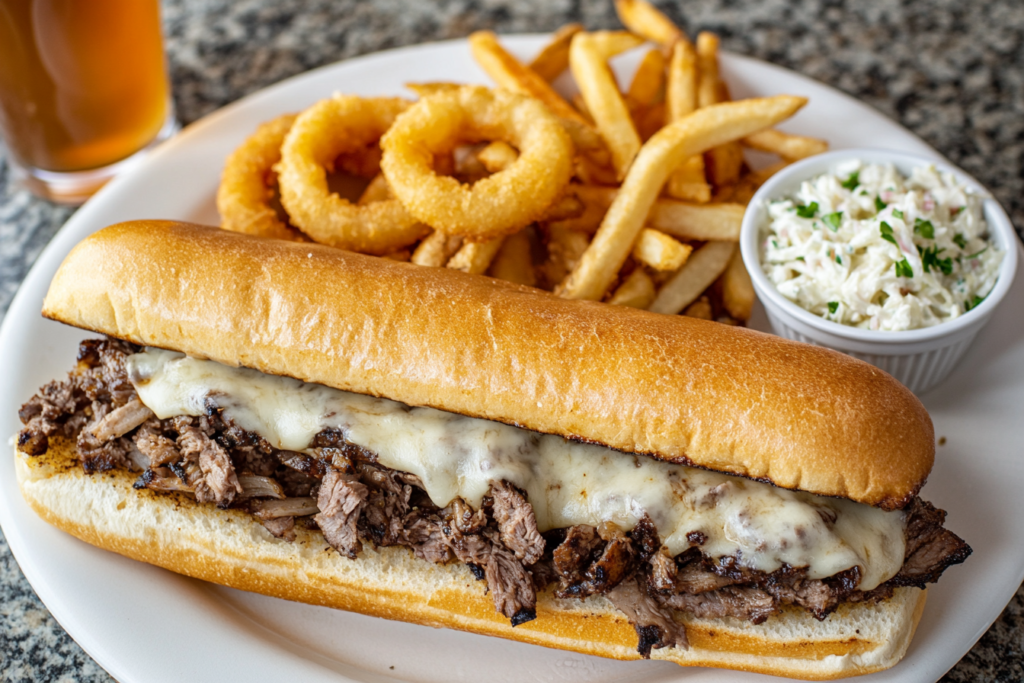 Philly Cheesesteak sandwich with fries, onion rings, and coleslaw