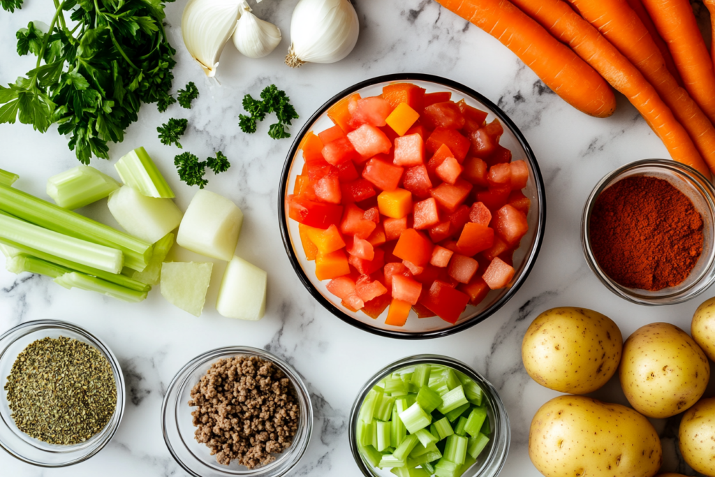 Fresh ingredients for Busy Day Soup with Potatoes, including potatoes, tomatoes, vegetables, and spices, arranged on a counter.