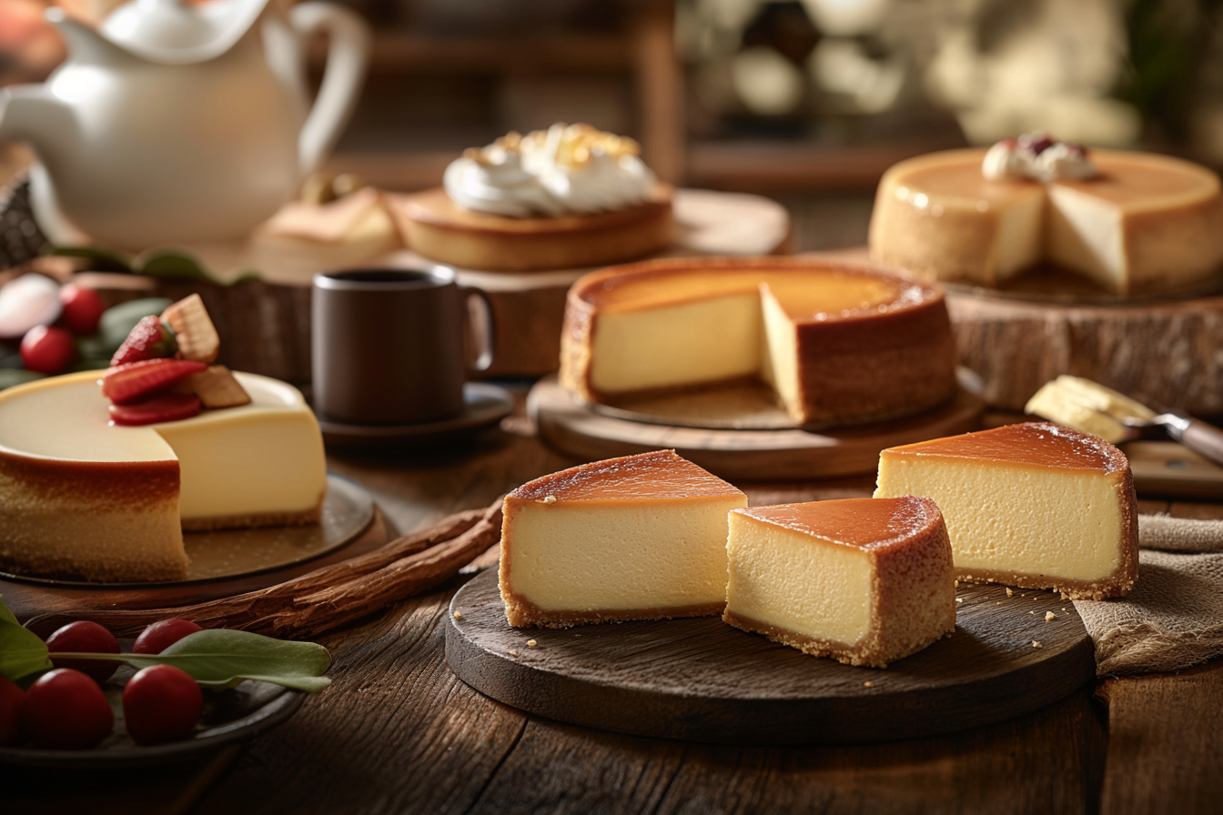 Assorted cheesecakes including New York, Japanese, and Basque styles.