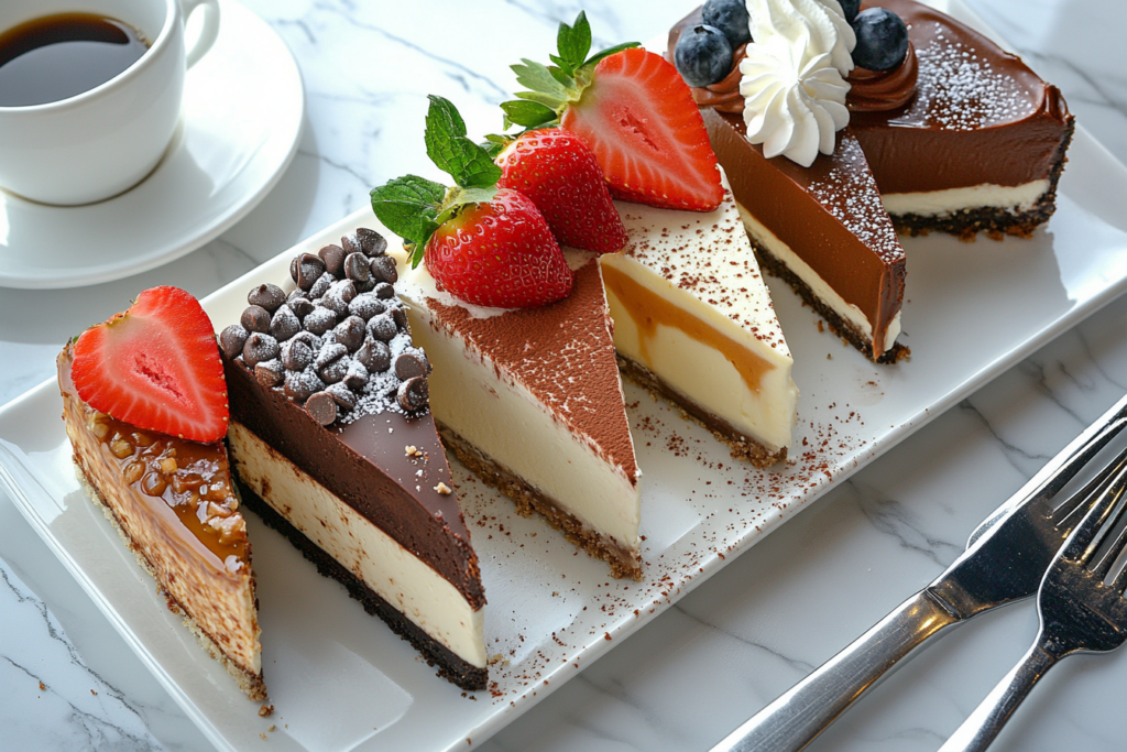 A variety of popular cheesecake flavors on a dessert platter.