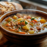 Close-up of Busy Day Soup with Potatoes in a rustic bowl on a kitchen counter.