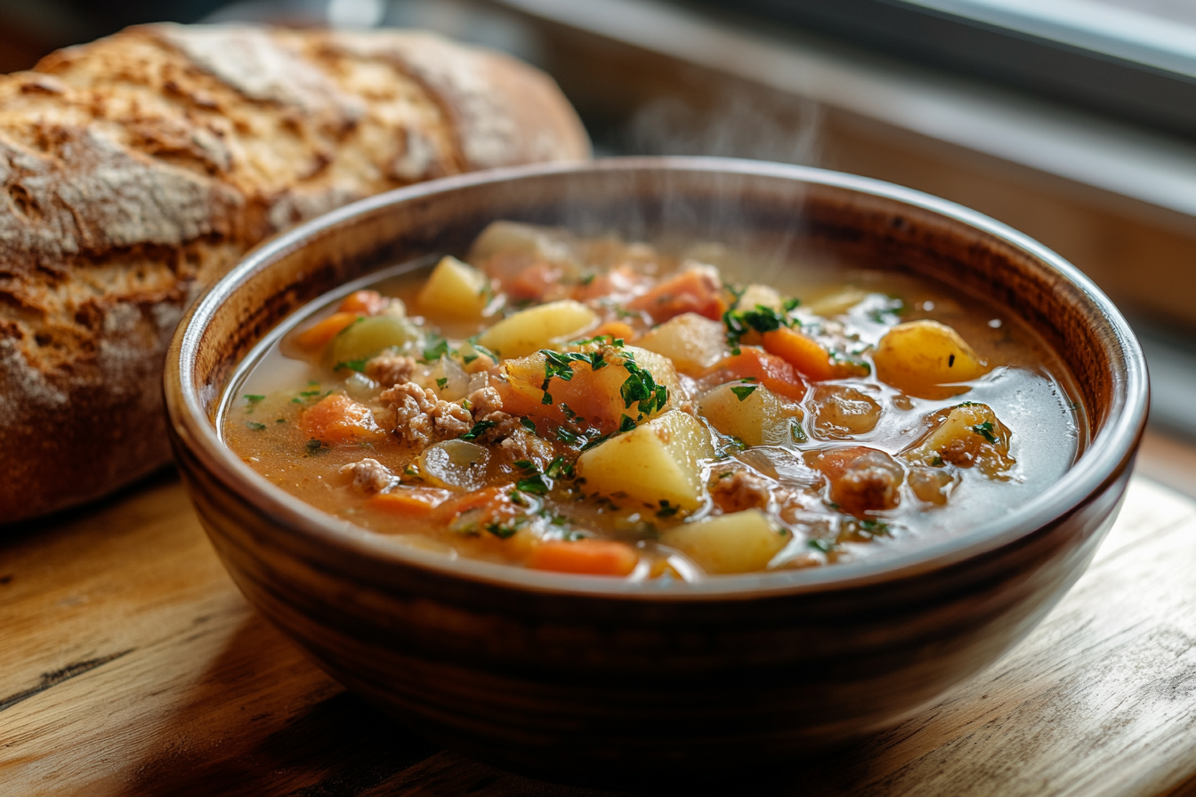 Close-up of Busy Day Soup with Potatoes in a rustic bowl on a kitchen counter.