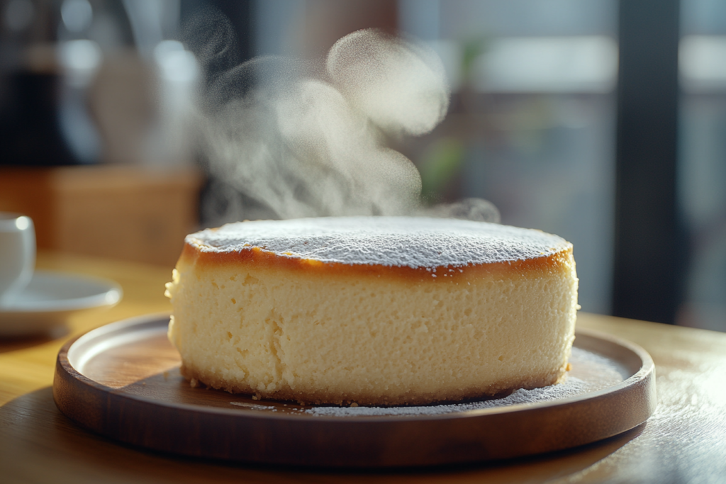 Light and fluffy Japanese cheesecake with powdered sugar.
Title: Japanese Cheesecake – A Fluffy Delight