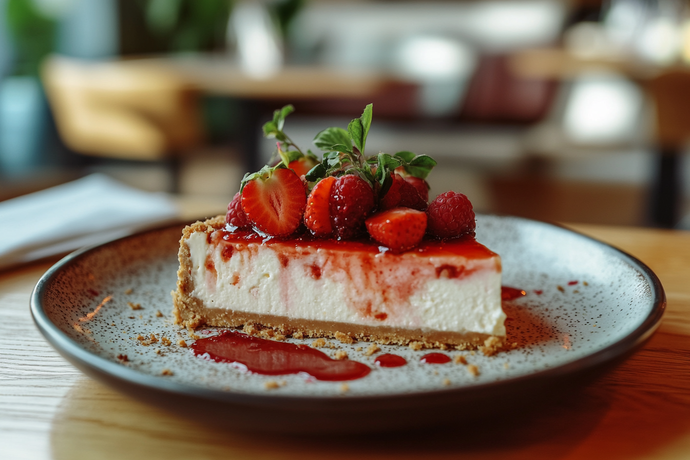 Classic New York-style cheesecake topped with strawberries