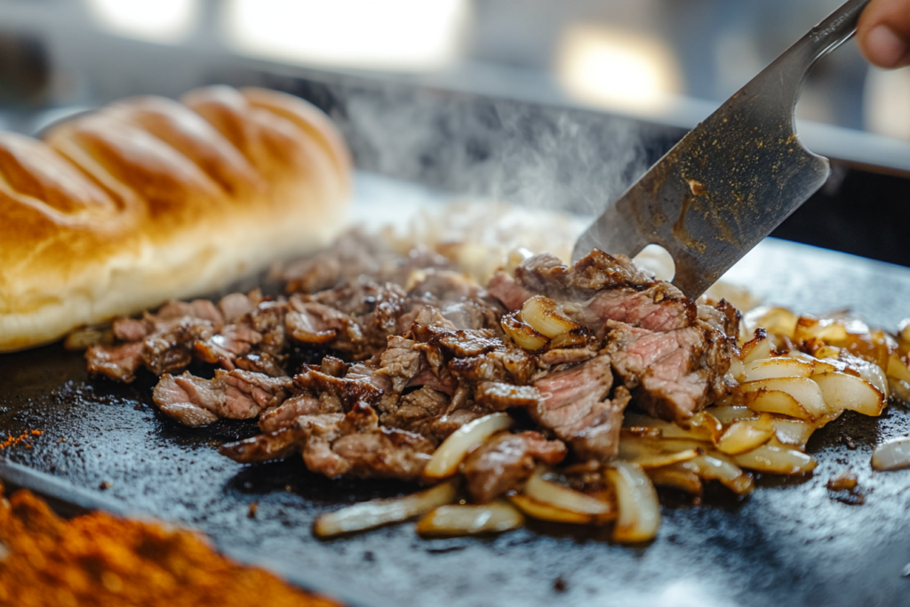 Cooking a Philly Cheesesteak on a griddle with onions 