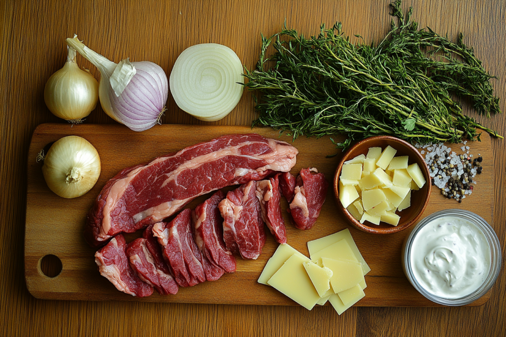  Ingredients for authentic Philly cheesesteak: ribeye slices, onions, rolls, and cheese varieties