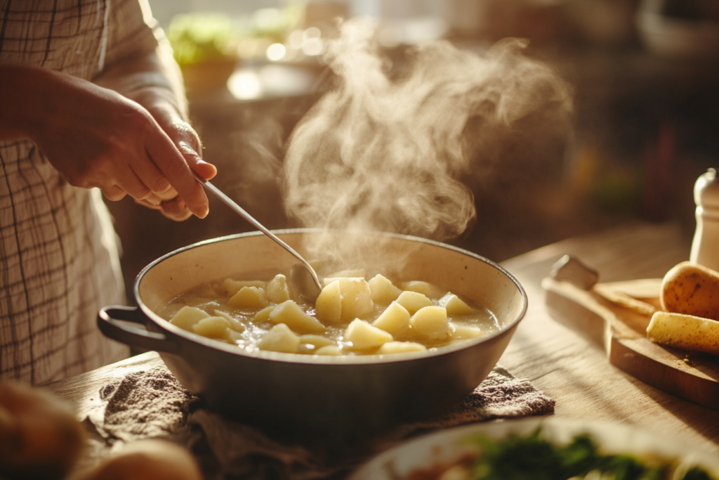 A person serving Busy Day Soup with Potatoes into a bowl in a cozy kitchen setting