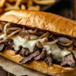 Classic Philly Cheesesteak sandwich with melted cheese and onions