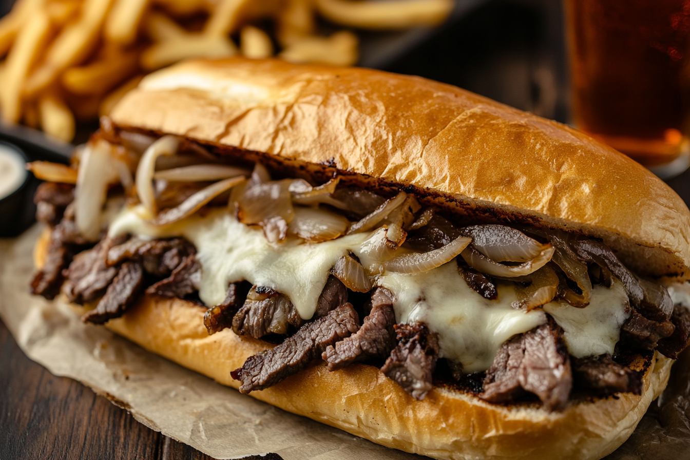 Classic Philly Cheesesteak sandwich with melted cheese and onions